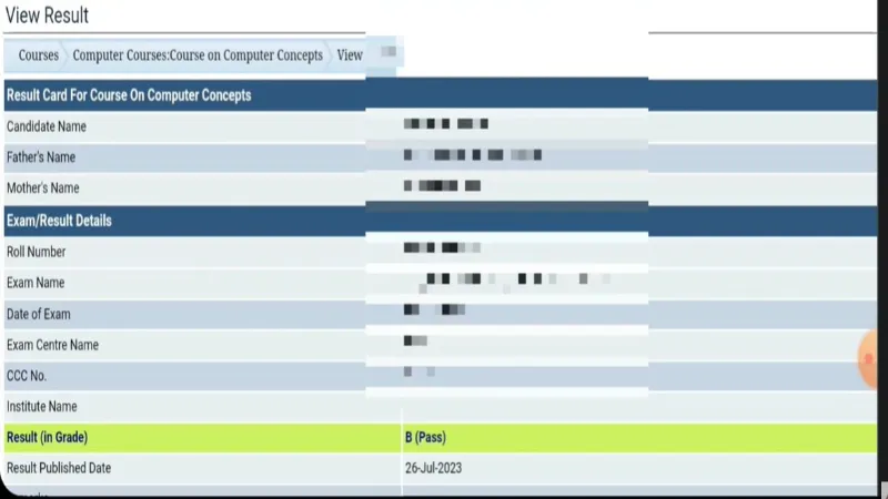 CCC Result page output – Grade dikhta hai, marks nahi – student.nielit.gov.in